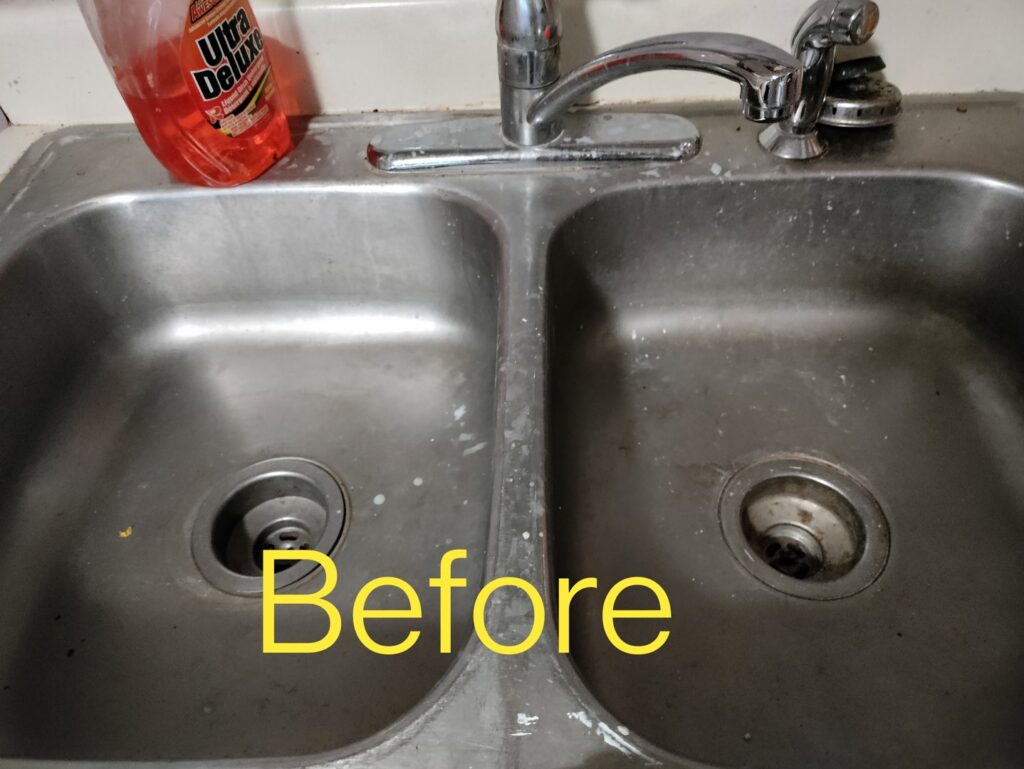 A dirty kitchen sink with grime, marked 'Before' cleaning service by Mighty Mess Maid in Elizabethtown, KY.