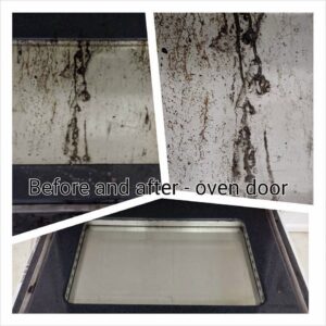 Before and after of a dirty oven door professionally cleaned by Dust Bunnies of Hampton Roads in Hampton, VA