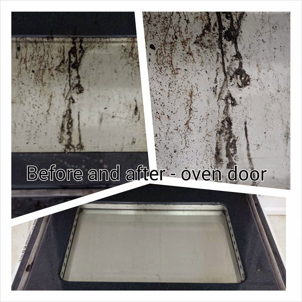 Before and after of a dirty oven door professionally cleaned by Dust Bunnies of Hampton Roads in Hampton, VA