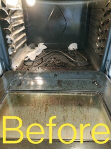 A very dirty oven interior with burnt food and grime, marked 'Before' cleaning by Mighty Mess Maid in Elizabethtown, KY.