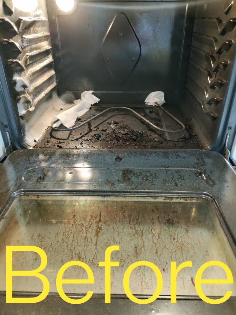 A very dirty oven interior with burnt food and grime, marked 'Before' cleaning by Mighty Mess Maid in Elizabethtown, KY.