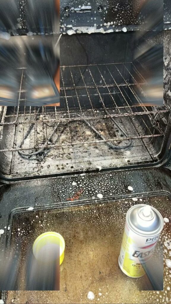 A very dirty oven interior with a cleaning spray can, showing the deep cleaning process by Royal Madam Cleaning LLC in Charlotte, NC.