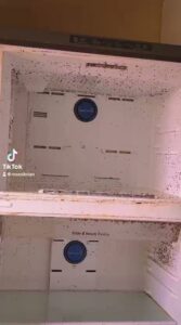 A very dirty refrigerator interior, showing the need for deep cleaning services from Rivas Molina's Cleaning LLC in Dundalk, MD.