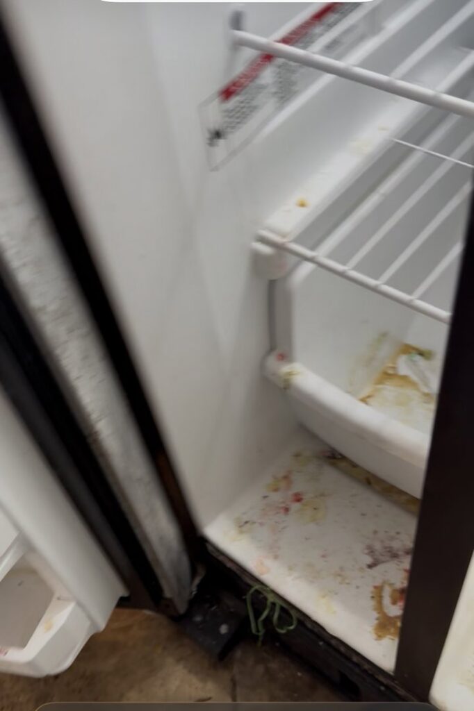 Dirty refrigerator door shelves and interior, showing a before-cleaning state for Bee-Dazzled Cleaning Service in Long Beach, CA.