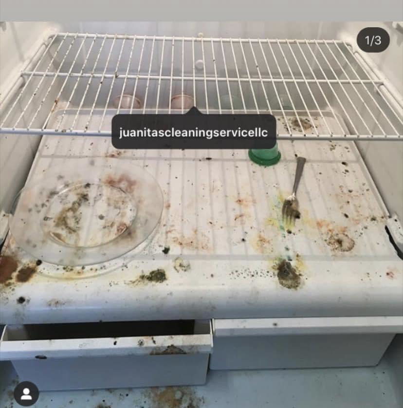 A very dirty refrigerator interior before professional cleaning by Juanita's Cleaning Services LLC in Gulfport, MS.