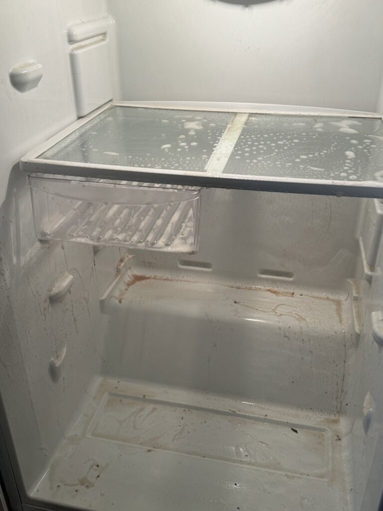A dirty refrigerator interior being cleaned by New Clean Service in Wilmington, NC, highlighting their detailed cleaning service.