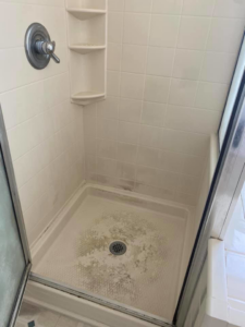A dirty shower stall with visible grime and soap scum, showing a 'before' cleaning state by Jr services in Virginia Beach, VA.