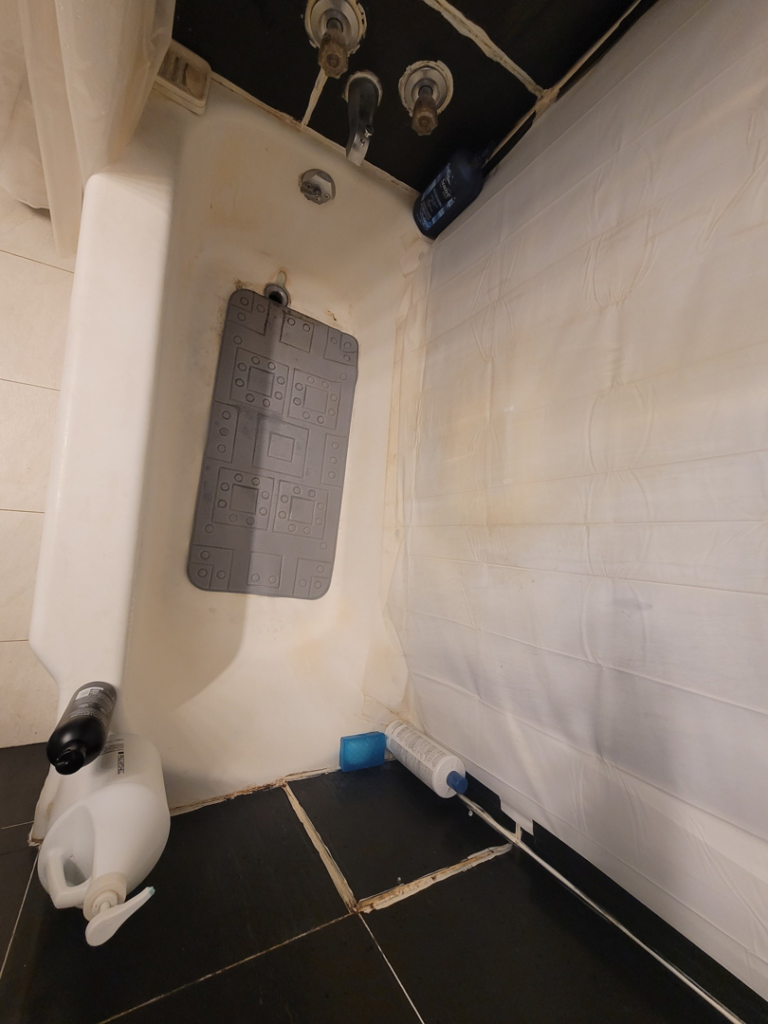 A dirty shower and bathtub area before professional cleaning by Ready.Set.Clean LLC in Morley, MI.