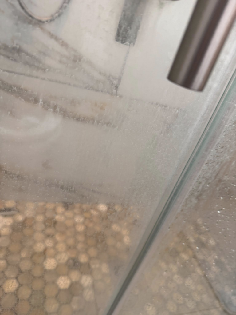 A dirty shower glass door with water spots and soap scum before cleaning by Lake Area Cleaning Services in Lake Charles, LA