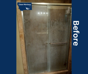 A dirty shower with grimy glass doors and tiled walls before professional cleaning by Clean Montana, LLC in Missoula, MT.