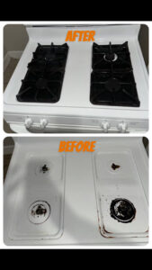 A dirty stovetop before and after professional cleaning by The Blake Experience Cleaning Service in Albany, NY.
