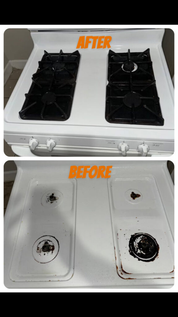 A dirty stovetop before and after professional cleaning by The Blake Experience Cleaning Service in Albany, NY.