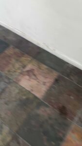 A close-up of a dirty tiled floor and baseboard, indicating a need for cleaning by Bee-Dazzled Cleaning Service in Long Beach, CA.