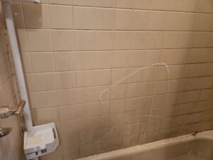 A dirty tiled shower wall showing grime before cleaning by Ady's Housekeeping in Yakima, WA