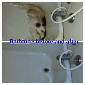 Before and after of a dirty, moldy bathtub cleaned by Dust Bunnies of Hampton Roads in Hampton, VA
