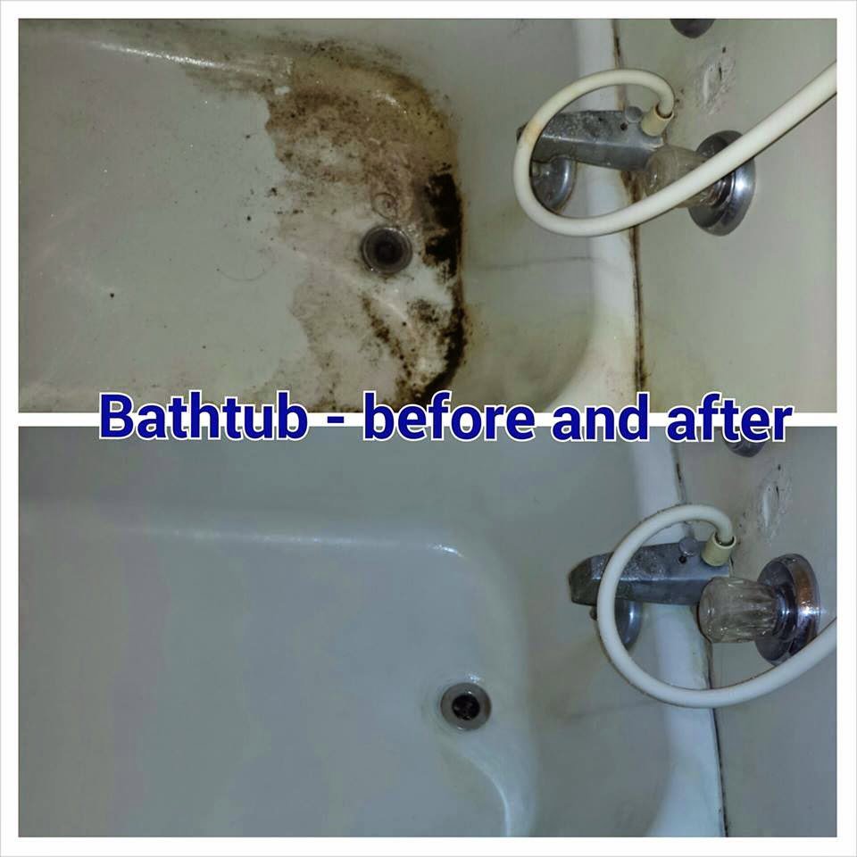 Before and after of a dirty, moldy bathtub cleaned by Dust Bunnies of Hampton Roads in Hampton, VA