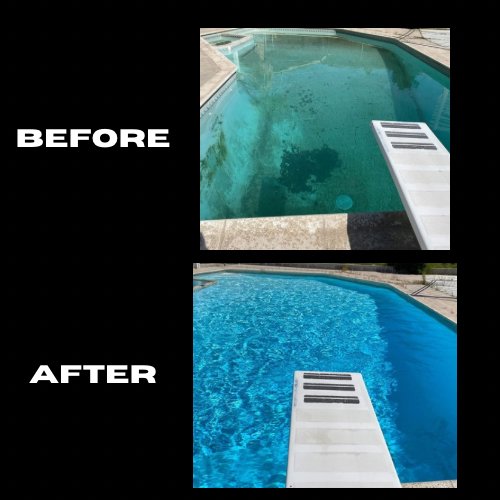 A before and after demonstration of a dirty pool transformed into a clean one by Bright Side Pool Service LLC in Broken Arrow, OK.