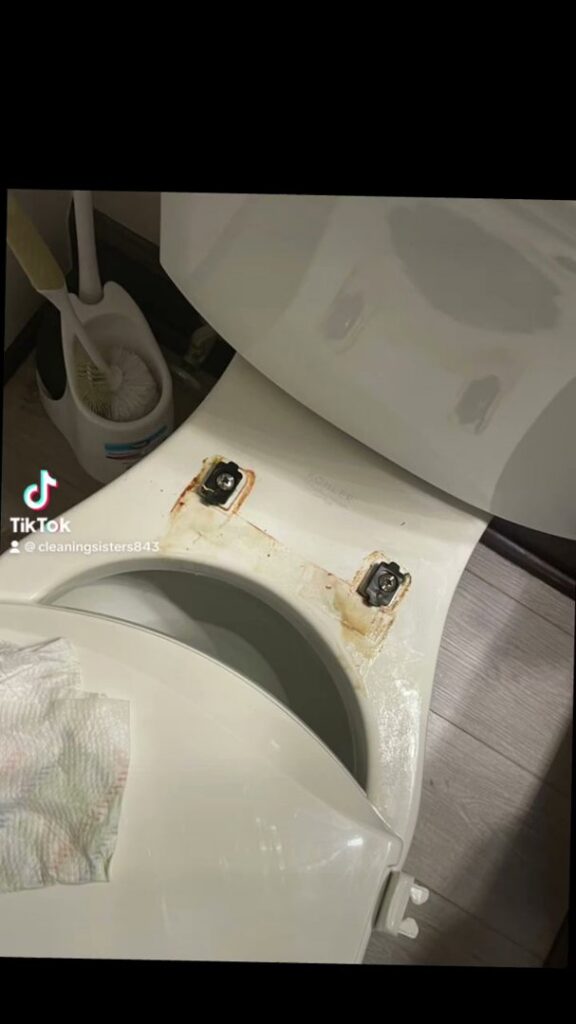 A dirty toilet with visible rust stains, illustrating a 'before' cleaning scenario for Cleaning Sisters LLC in Richmond, VA.