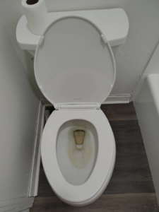 A dirty white toilet with a stained bowl before professional cleaning by Dulce's cleaning service in Dana Point, CA.