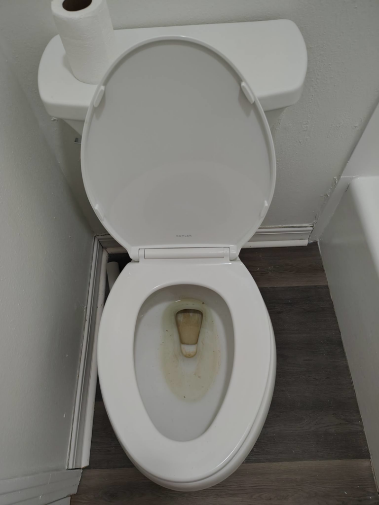 A dirty white toilet with a stained bowl before professional cleaning by Dulce's cleaning service in Dana Point, CA.