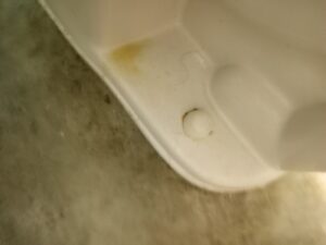A close-up of a dirty toilet bowl with a yellow stain, showing the need for cleaning by Core Needs Janitorial in Indianapolis, IN.