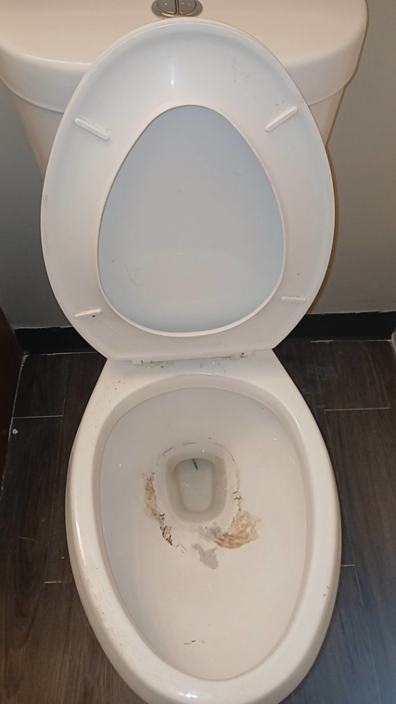 A dirty toilet bowl with visible stains, demonstrating a common cleaning task for On Point Cleaning Authority in Dayton, OH.