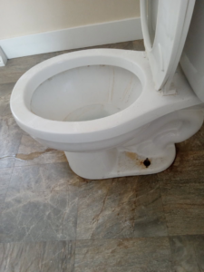 A side view of a dirty toilet before cleaning, highlighting the need for house cleaning services from Dacari's Helping Hands LLC in South Bend, IN.