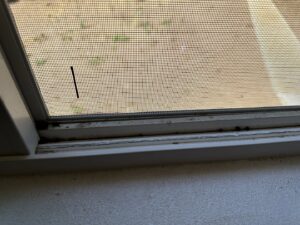 A close-up of a dirty window sill with dust and debris, showing an area ready for cleaning by Blubyrd Cleaning Service in Boise, ID.