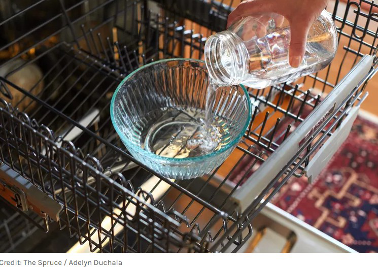 A hand pouring liquid into a bowl inside a dishwasher for cleaning by Jessie Clean in Indianapolis, IN.
