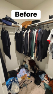 A highly disorganized closet before a professional cleaning and organization service by Pena Cleaning Co. LLC in San Antonio, TX