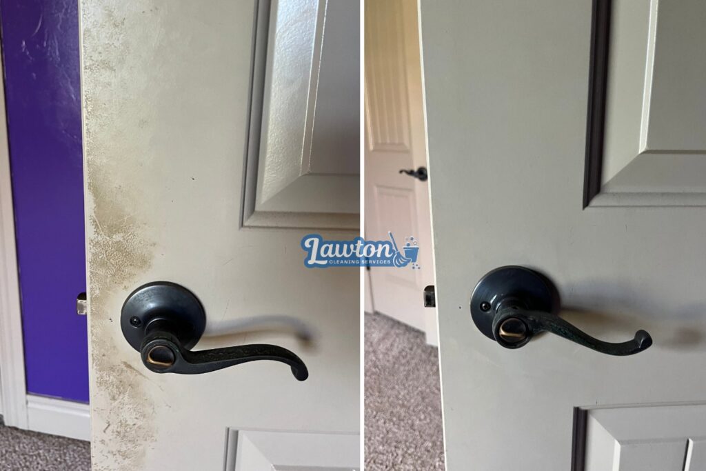 Before and after comparison of a dirty door and doorknob, professionally cleaned by Lawton Cleaning Services in Lawton, OK