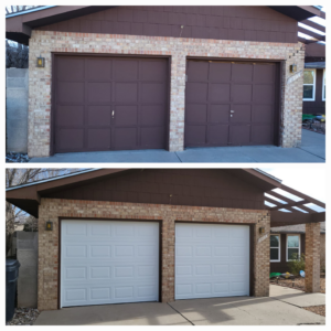 Before and after of a double garage door replacement by Spartan Garage Doors and More in Albuquerque, NM.