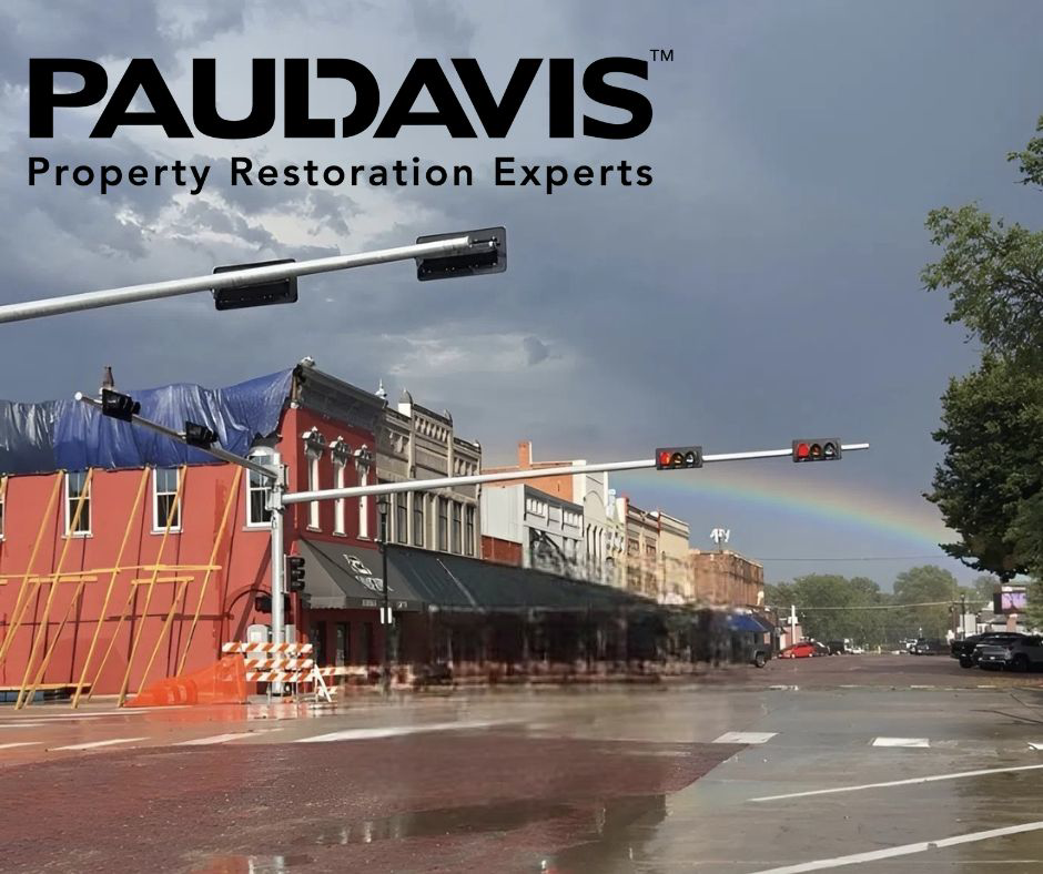 Downtown buildings with blue tarps on roofs after a storm, showing water damage aftermath, by Paul Davis Restoration of Lincoln, NE