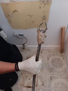 A drain cleaning tool with debris from a clogged pipe, showing water damage on a bathroom floor and ceiling in Tulalip, WA.