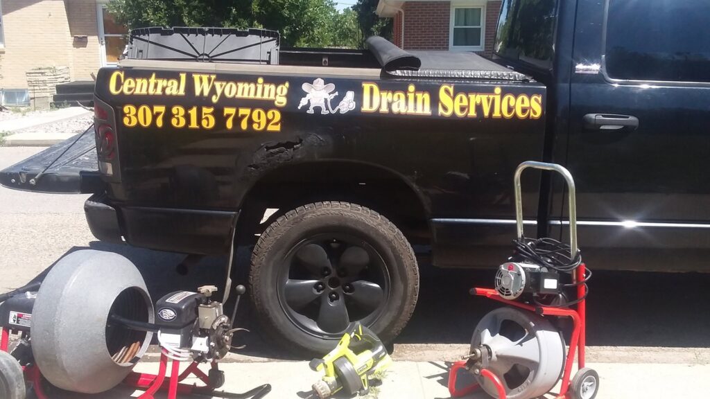 Drain cleaning equipment and a branded service truck ready for a job from Central Wyoming Drain Service in Casper, WY.