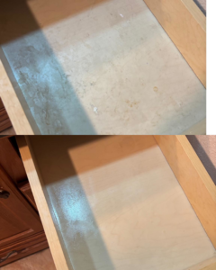 Before and after images of a wooden drawer interior, meticulously cleaned by Sheridan Spotless Spaces, LLC in Sheridan, WY.
