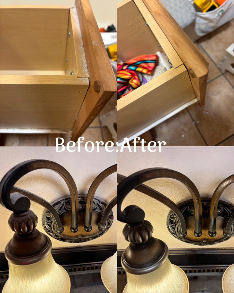 Before and after images of a cleaned drawer and polished light fixture by Sheridan Spotless Spaces, LLC in Sheridan, WY.