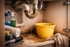 A dripping water leak from pipes under a sink, with a yellow bucket, addressed by Olive Branch Plumbing Co in Olive Branch, MS.
