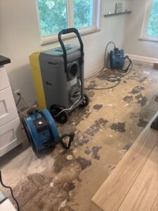 Drying equipment and fans set up in a room after water damage restoration by Guardian Angel Restoration in Noblesville, IN