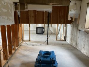 Drying equipment and exposed wall studs during water damage cleanup by Anytime Flood Restoration in Thornton, CO