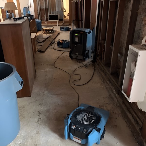 Drying equipment and exposed studs during water damage restoration by Quick Response in Las Vegas, NV.