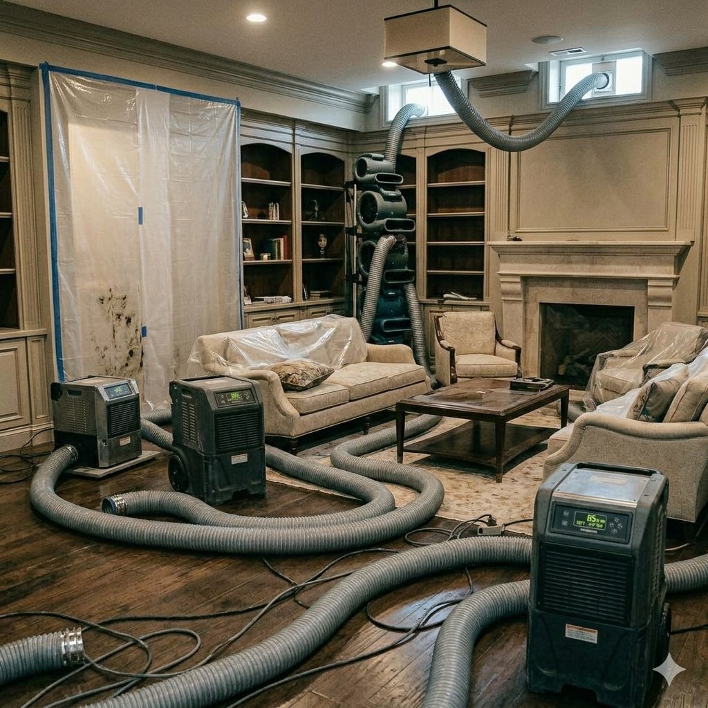 Drying equipment, including air movers and dehumidifiers, deployed in a water-damaged living room by Seco Water Damage Restoration in Sterling Heights, MI.