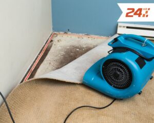 A blue industrial drying fan (air mover) on a pulled-back carpet, actively drying a water-damaged area for 24HR Flood Pros of OKC in Oklahoma City, OK.