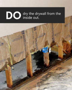 Exposed wall studs and wet drywall being dried from the inside out, a water damage specialist job by PatchMaster Central Connecticut in Bristol, CT.