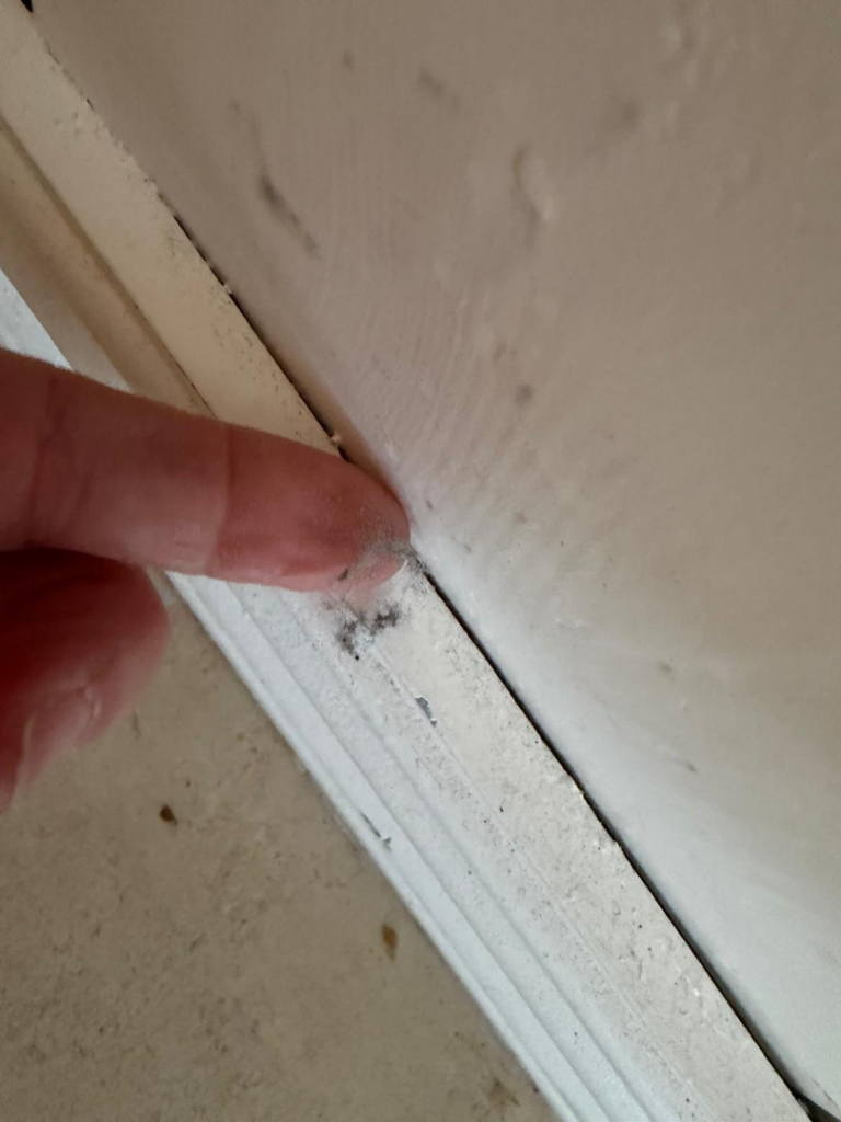 A finger pointing to accumulated dust on a baseboard, highlighting an area for cleaning by Eco-Terra Clean in Fort Lauderdale, FL.