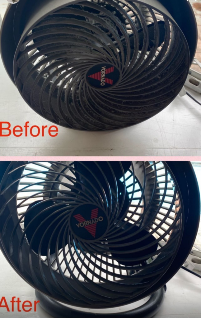A dusty Vornado fan before and after professional cleaning by Nicy Cleaning Service in Danbury, CT.