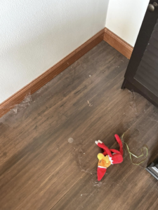 A dusty hardwood floor corner with visible cobwebs, awaiting cleaning by Spotless by Sam LLC in Green Bay, WI.