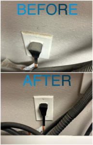 Before and after photo showing a dusty electrical outlet cleaned by LIFE MAID EASY in Butte, MT