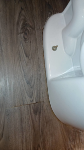 A close-up view of a dusty toilet base on a wooden floor, indicating an area ready for cleaning by On Point Cleaning Authority in Dayton, OH.
