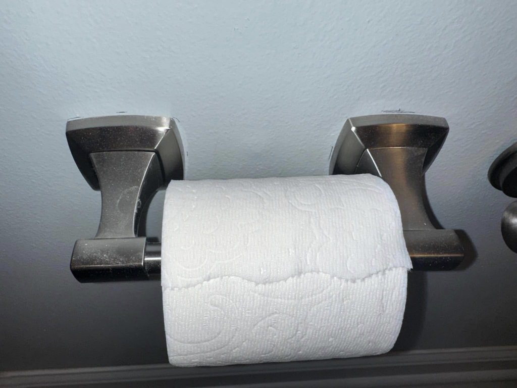 A dusty toilet paper holder showing grime, before cleaning by Sarah's Cleaning Services in Kenner, LA.